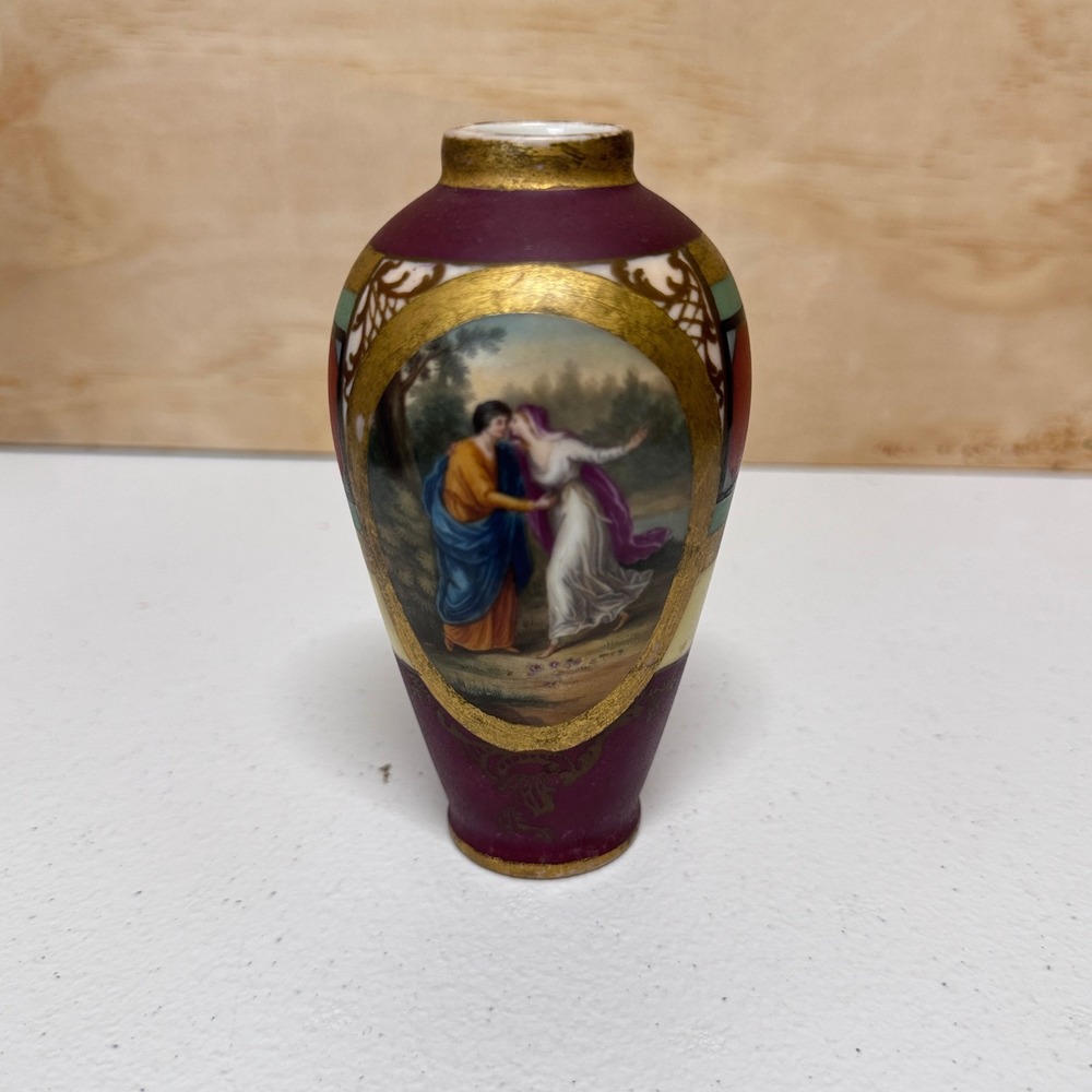 Antique Royal Vienna Miniature Bud Vase 4.75in Burgundy Gold Gilt Romantic Scene